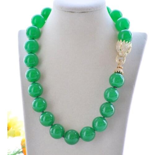 S2458 Huge 20" 20mm Round Green Jade Bead Necklace Cougar CZ