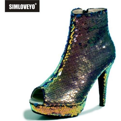 SIMLOVEYO 2021 Glitter Bling Mid Calf Womens Boot Sequined Cloth Peep Toe Zip 11CM High Spike Heel Platform US12 Black A4181