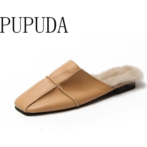 PUPUDA New Casual Leather Shoes Women Fluffy Slip On Loafers Fashion Flat Shoes Lightweight Furry Female Shoes 2020