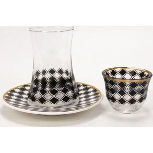 Turkish Tea Glasses Cups Set of 6 Saucers with Vintage Gold Moroccan Crystal Cut Decors for Serving and Drinking Housewarmin