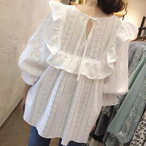2021 Embroidery White Blouse Women Korean Ruffles Tops Plus Size Hollow Out Lace Shirts blouses femme