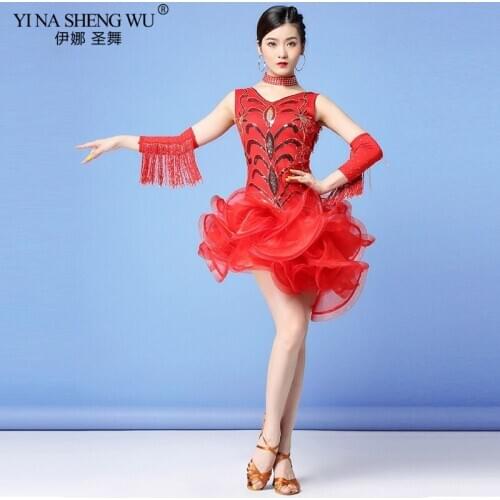 Women Latin Dance Clothes Mini Dress Tutu Salsa Costume Samba Sleeveless Sequin One-piece Latin Dresses (Shorts+Gloves+Necklace)