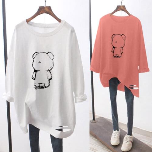 Ripped White Long-sleeved Bottoming Shirt 2021 Spring New Round Neck Printing Loose Large Size Womens T-shirt Graphic Tee