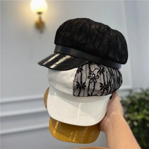Ladies Hat European and American Spring and Autumn Fashion Beret Ladies Korean Style PU Leather Stitching Lace Octagonal Cap