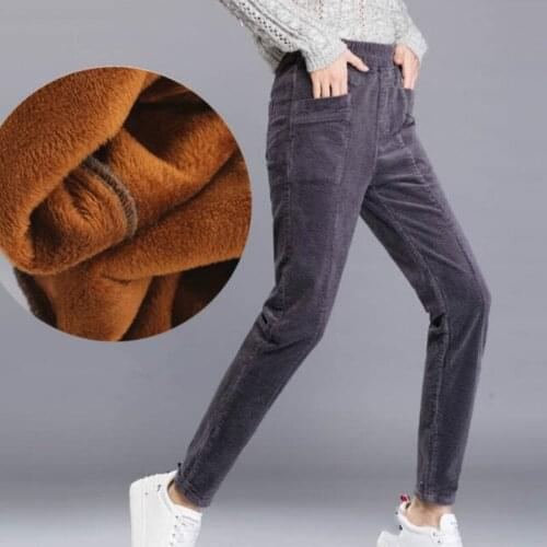 Women Elastic High Waist Autumn Winter Harem Pants Women Warm Cotton Casual Trousers Plus Velvet Lambs Wool Corduroy Pants HK230