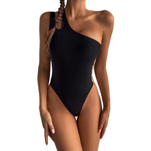 Women Casual Swimwear Black Hollow Out One-shoulder Sleeveless S/ M/ L