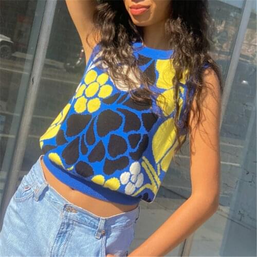 Women Fashion Knitted Vest Blue Floral Printed Pattern Round Collar Sleeveless Tops S/ M/ L