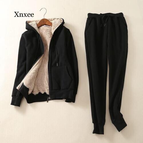 Plus Size Womens Winter Warm Suit 2 Piece Tracksuit Women Long Sleeve Thicken Hooded Sweatshirts Cashmere Sports Suits Women