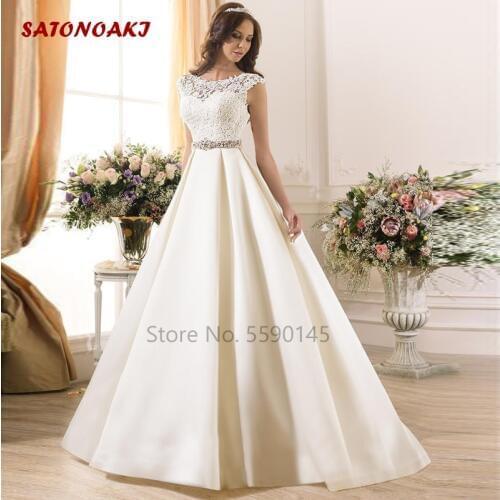 2020 New Lace Wedding Dress A-Line Satin Sleeveless Bead Sash Low Zip Back Ivory Spring Bridal Gown Vestido De Novia Online Shop