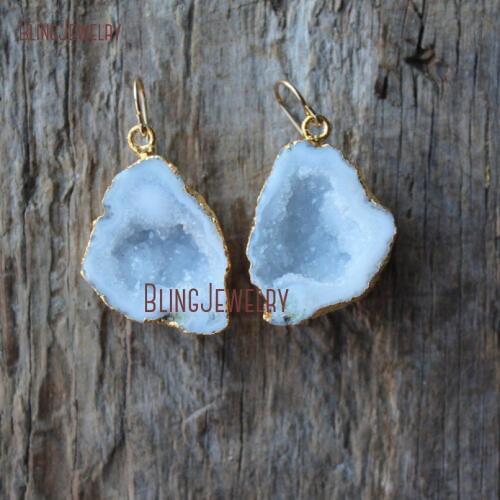 Gold Natural Quartz Geode Stone Earrings White Drussy Druzy Dangle Earrings ER18814