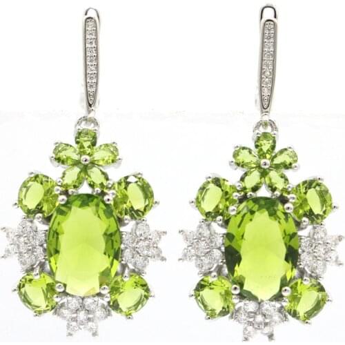 46x21mm Lovely Jewelry Set Created Green Peridot White Bright Cubic Zircon For Womans Daily Wear Silver Pendant Earrings