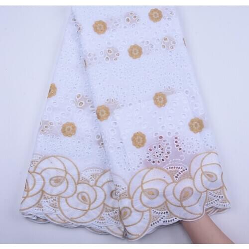White Cotton with gold embroidery fabric 2020 High Quality Swiss Voile Lace Latest African 100% Cotton Lace Fabric for wedding