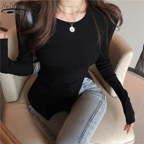 2021 Korean New Autumn Split O-Neck Base Shirt Casual Long Sleeve White Blouse Women Slim Office Lady Tops Blusas Mujer 11614