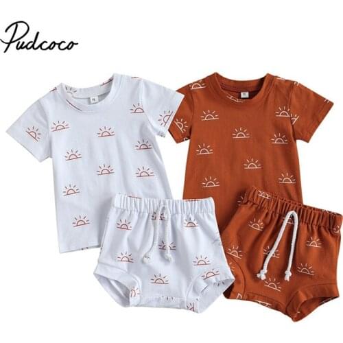 Newborn Baby 2-piece Outfit Set Short Sleeve Sun Print Tops+Shorts Set for Kids Boys Girls 0-3T Summer New Style 2021