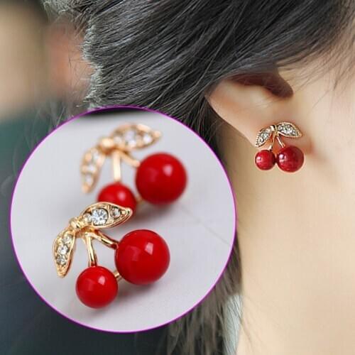 Women Cute Red Cherry Earrings Crystal Stud Earrings SSwell