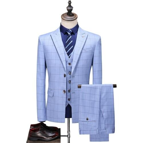 Elegant 3 Piece Men Plaid Suits Blue Check Suit Design for Men High Quality Mens Wedding Suits Blazers with Pants