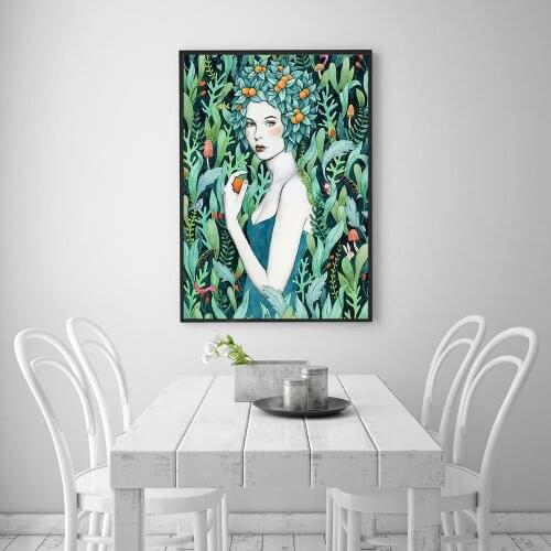 Green Girl Picture Scandinavian Poster Nordic Fruit Tree Print Wall Art Canvas Painting Nature Living Room Decor Unframed