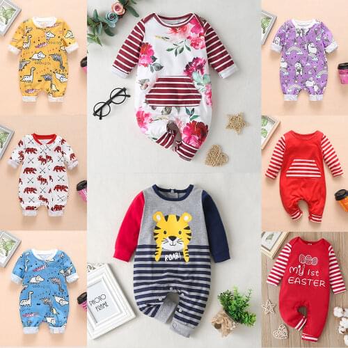 New Newborn Baby Clothes Boys Girls Romper Floral Dinosaur Car Printed Long Sleeve Cotton Romper Kids Jumpsuit Playsuit Outfits