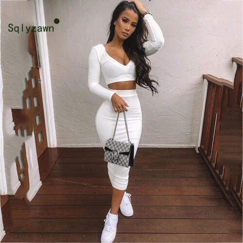 Women Party Sets 2020 Winter Long Sleeve Crop Top and Long Pencil Skirt Set Female Two Piece Outfits White Elegant Matching Sets