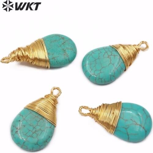 WT-P1445 Hot Sale Water Drop Shape Green Stone Pendant Turquoises with Copper Wrap Classic Retro Lady Pendant for Jewelry Making