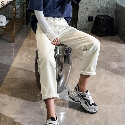 Fashion White Jeans Women Chic High Waist Jeans Loose Harem Pants Women Trousers Casual Pants with Button Wide Leg Jeans 11064