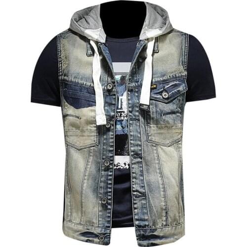 Mens fashion vintage denim vests hi street retro jeans waistcoat sleeveless jacket with removable hood washed size S-3XL