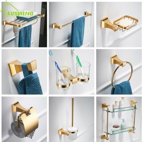 Bathroom Hardware Set Wall Mounted Glass Shelf 2 Layer Gold Bathroom Accessories Brass Toothbrush Holder Towel Paper Holder