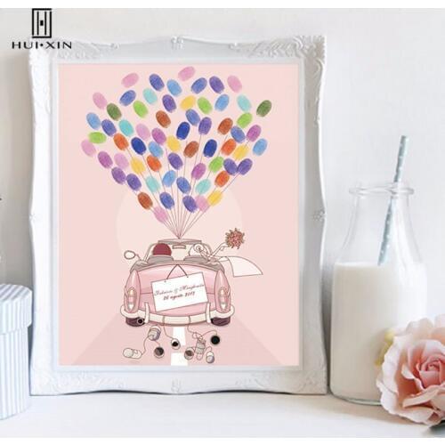 Bride Groom Standing On Wedding Pink Car Canvas Paintings Free Name Date DIY Fingerprint Signature Guesbtook For Wedding Decor
