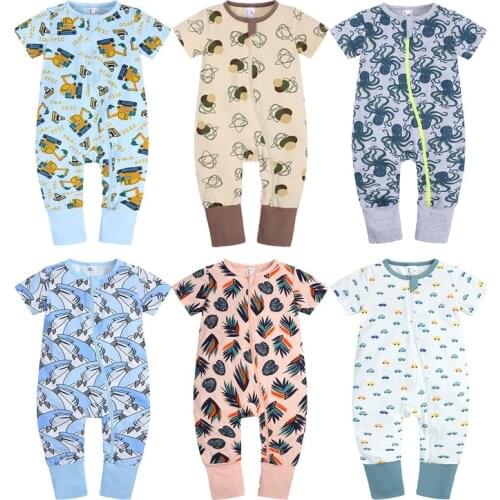 Toddler Baby Girl Boy Romper Pajamas Geometry Short Sleeve Cotton Double Zipper Baby Clothes For Newborn Jumpsuit 3-24 Months