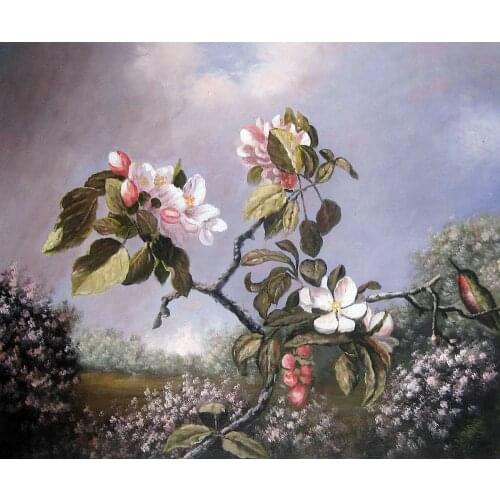 Office Decoration Art Painting Martin Johnson Heade of Apple Blossoms and Hummingbird Still Life Oil on Canvas
