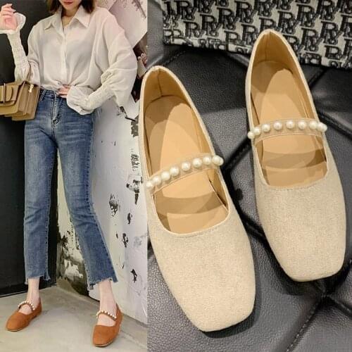 2020 Autumn Women Flats String Bead Mary Janes Shoes Faux Suede Boat Shoes Square Toe Cute Pearl Ladies Shoe zapatos mujer 8379G