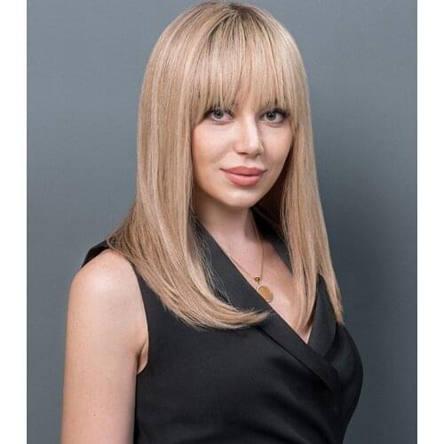 Full Lace Wig Shoulder 100% Hand-tied Real Human hair Sandy Blonde Mono Wig with Bangs Full lace Wigs 15.5 inch Density120