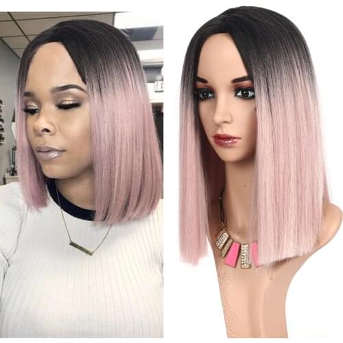 Natifah Wigs Synthetic Hair Short Straight Bob Wigs For Women Middle Part Nature Black 613 Blonde Pink Color Daily Cosplay Hair