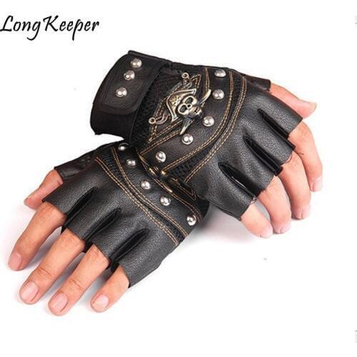 Long Keeper New Skulls Rivet PU Leather Fingerless Gloves Men Women Fashion Hip Hop Womens Gym Gloves Half Finger Mens Gloves