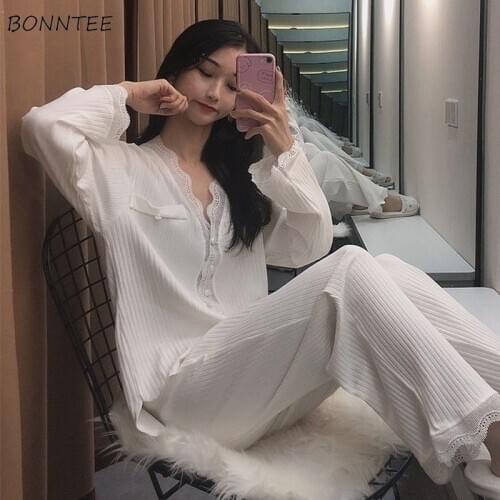 Pajama Sets Women Spring Lace Single Breasted Korean Style Chic Trendy Popular Romantic Cute Elegant Comfortable Female Clothing