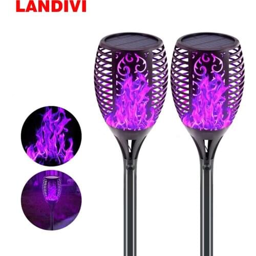 LANDIVI Purple Solar Torch Light with Flickering Flame 33 leds Waterproof Solar Flame Light Dusk to Dawn Auto On/Off for Garden
