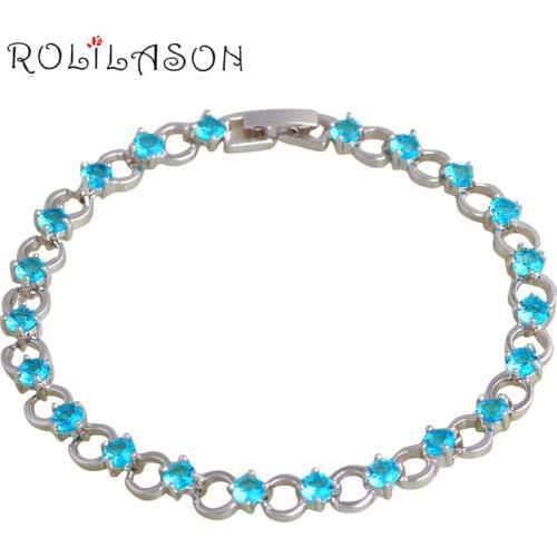 ROLILASON seawater Blue Zircon Bracelets for Women Silver Round Design Romantic Fashion vacation Gift Jewelry TBS1096