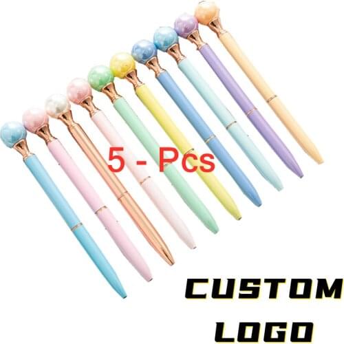 5Pcs New Candy Pearl Pen Rotating Metal Ballpoint Pen Customized Logo Text Lettering Girls Gift Pen Creative Student Stationery