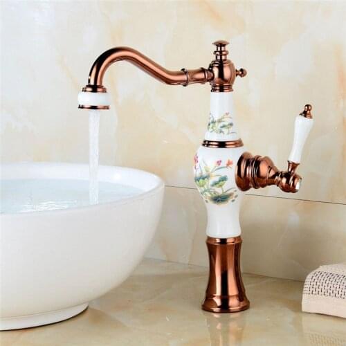 Bathroom Basin Faucet Gold Brass Sink Mixer Tap Hot & Cold Faucet Single Handle Ceramic Vase Shape Bathroom Crane Lavatory Tap