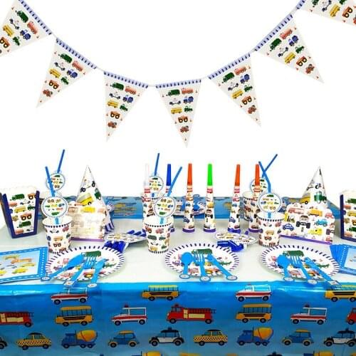 Construction Trucks Engineering Cars Party Disposable Tableware Set Plate Straw Birthday Party Decorations Kids Cake Decor