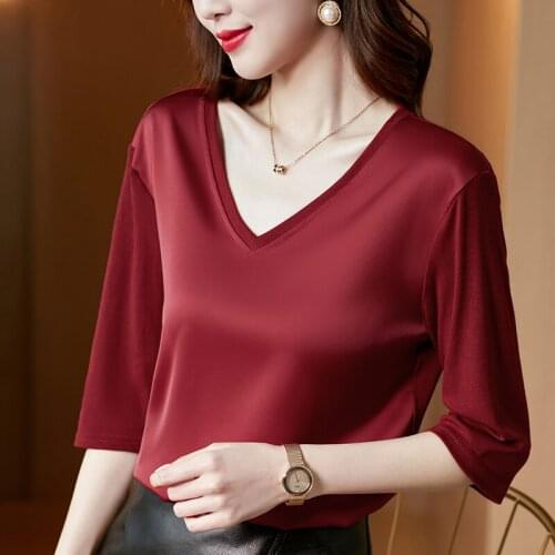 Summer Korean Fashion Silk T-shirts for Women Vintage Satin Tops for Women Long Sleeves Loose Office Lady Shirts