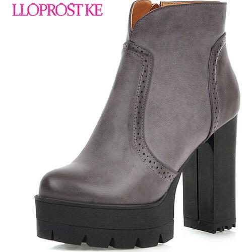 Lloprost ke Platform Ankle Boots Women High Heels Thick Pu Boot Female Zip Shoes Ladies Round Toe Shoes Winter Big Size 33-48