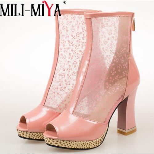 MILI-MIYA high quality square heels summer boots woman shoes women zipper peep toe party boots female big size 34-44 black pink