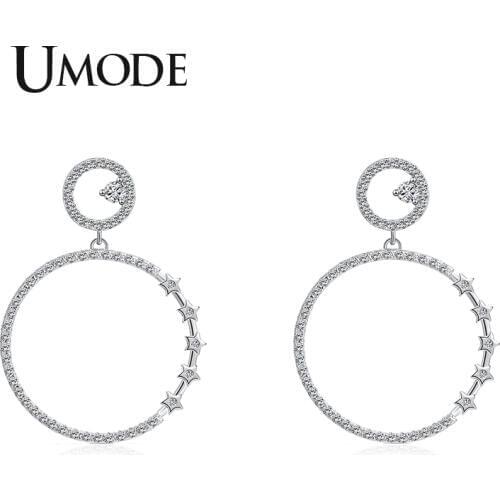 UMODE New Clear Round Zircon Big Hollow Circle Drop Earring for Women White Gold CZ Crystal Jewelry with Star Charm AUE0484