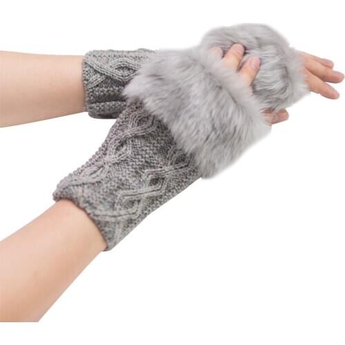 Women Fingerless Gloves Cute Faux Rabbit Fur Knitted Gloves Female Winter Knitting Warmer Wrist Hand Gloves Mitten Dropshipping