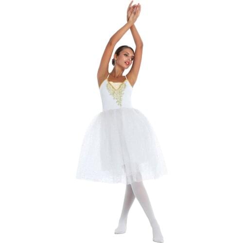 Women Ballet Costume Spaghetti Straps Sleeveless Dress Multi Layers Tulle Tutus Floral Sequin Stage Dance Dresses with Headwear