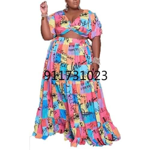 Womens Plus Size Sets High Waist Top Floor-length Skirt V-neck Plaid Letter Printing Short Sleeve Two-piece Suits Women Clothing