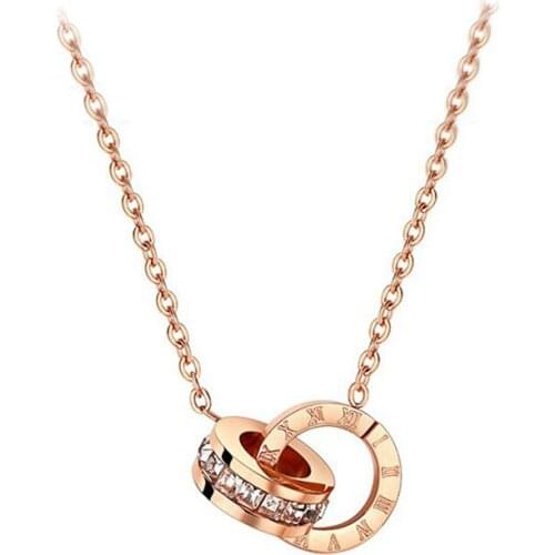 New Arrival 316L Stainless Steel Brand Pendant Necklace For Women Double Loop AAA CZ Roman Numerals Necklace femme Jewelry B0002