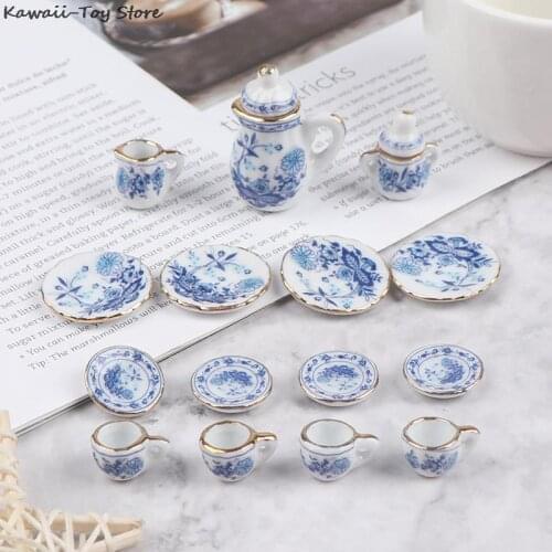 15Pcs 1:12 Dollhouse Miniature Tableware Porcelain Ceramic Tea Cup Set