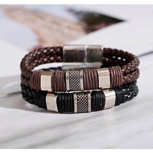 2020 Fashion Men Jewelry Leather Bracelet Bangles Classic Black Stainless Steel Magnetic Clasp Charm Bracelet Men